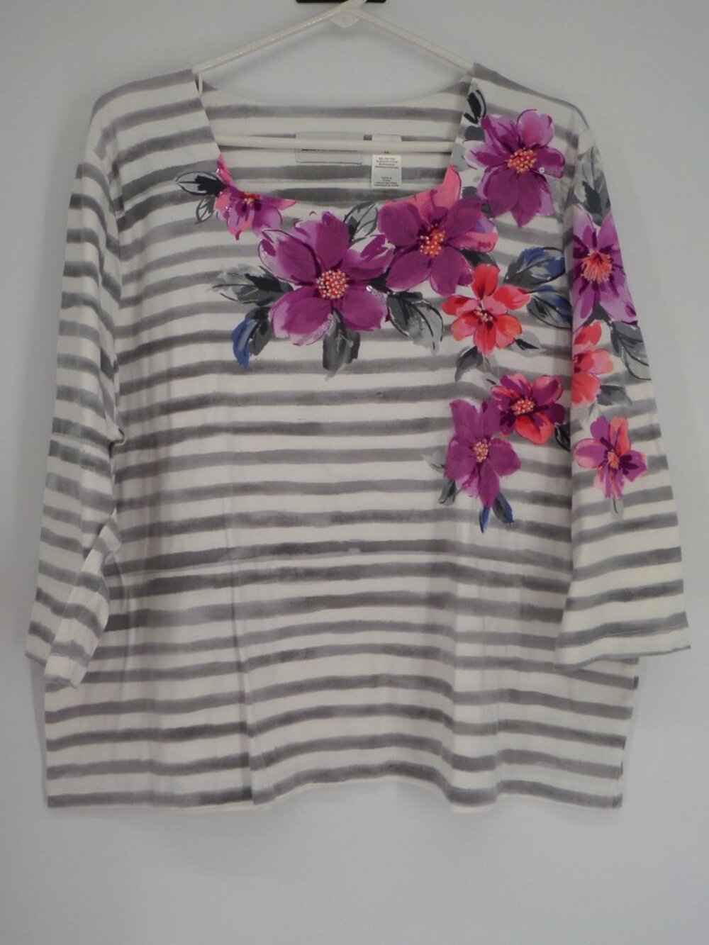 Alfred Dunner Women's Fall 3/4 Sleeve Grey White Stripe Top With Accents Size XL